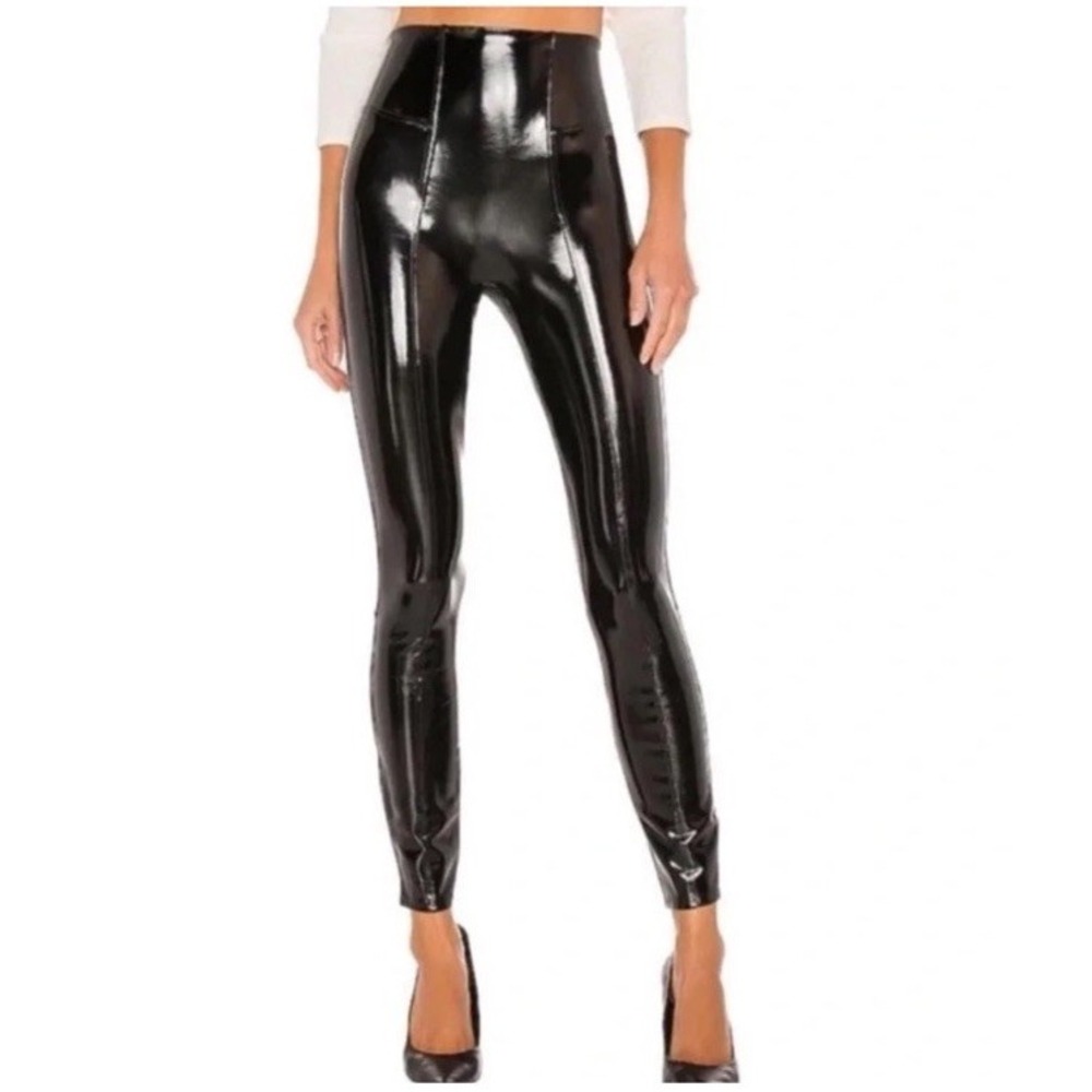 Spanx Faux Vegan Patent Leather High Waist Leggings Pants Sz Small Black Shiny
